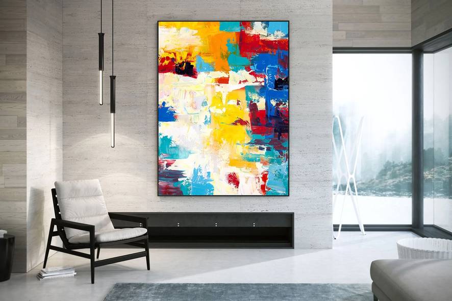 White Contemporary Yellow Abstract Canvas Artwork 6C0RJ wall art